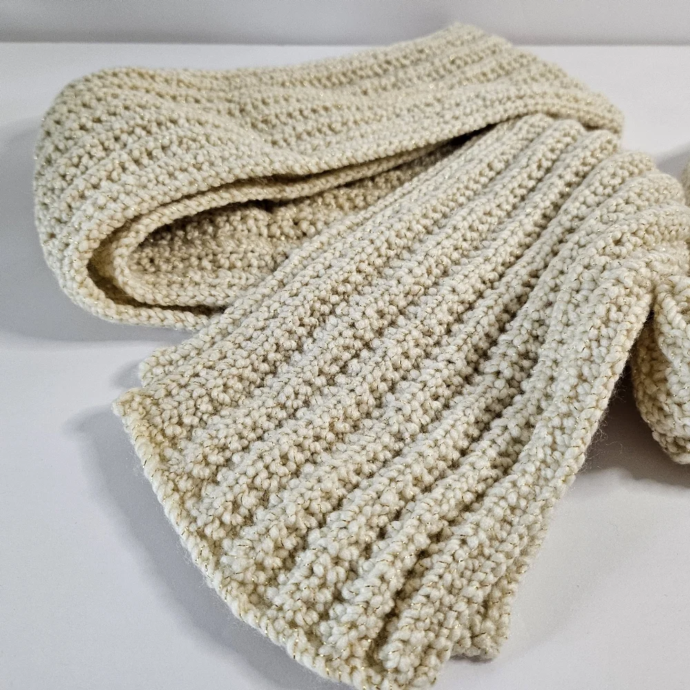 Cream Handmade Knit Scarf Hat Set With Gold Metallic Fibers Winter Cold Weather